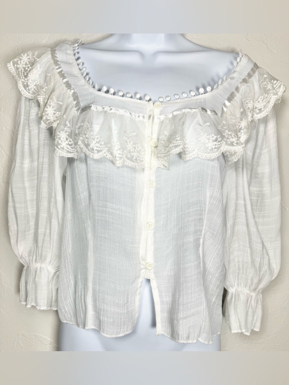 Rebellion White Lace Ruffle Button-Front Blouse - Picture 2 of 10